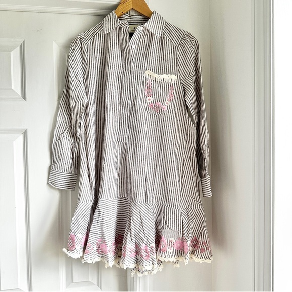 NWT Tuckernuck Callahan Tan Stripe Embroidered Long Sleeve Mini Dress - Picture 4 of 10